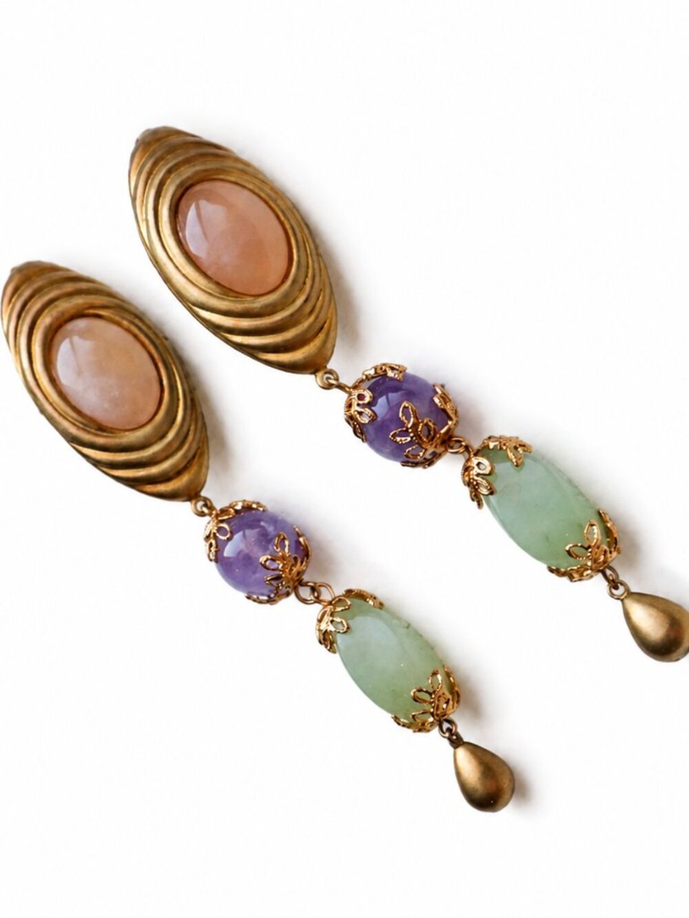Vintage Saks Fifth Avenue Gold Tone Clip-On Dangle Earrings Pink Cabochon